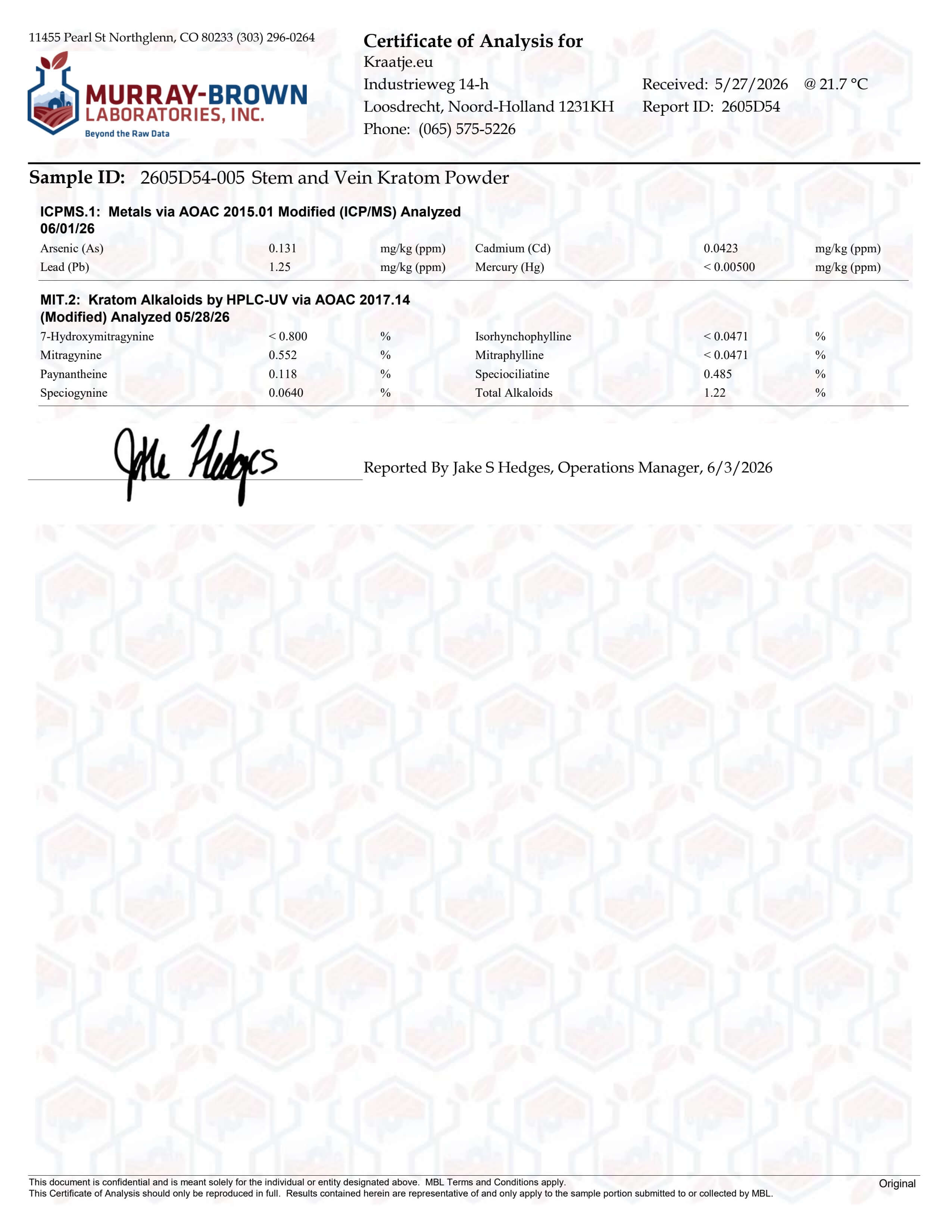 COA_2605D54_005-Stem_and_Vein_Kratom_Powder_v1_Lab_test_Kraatje